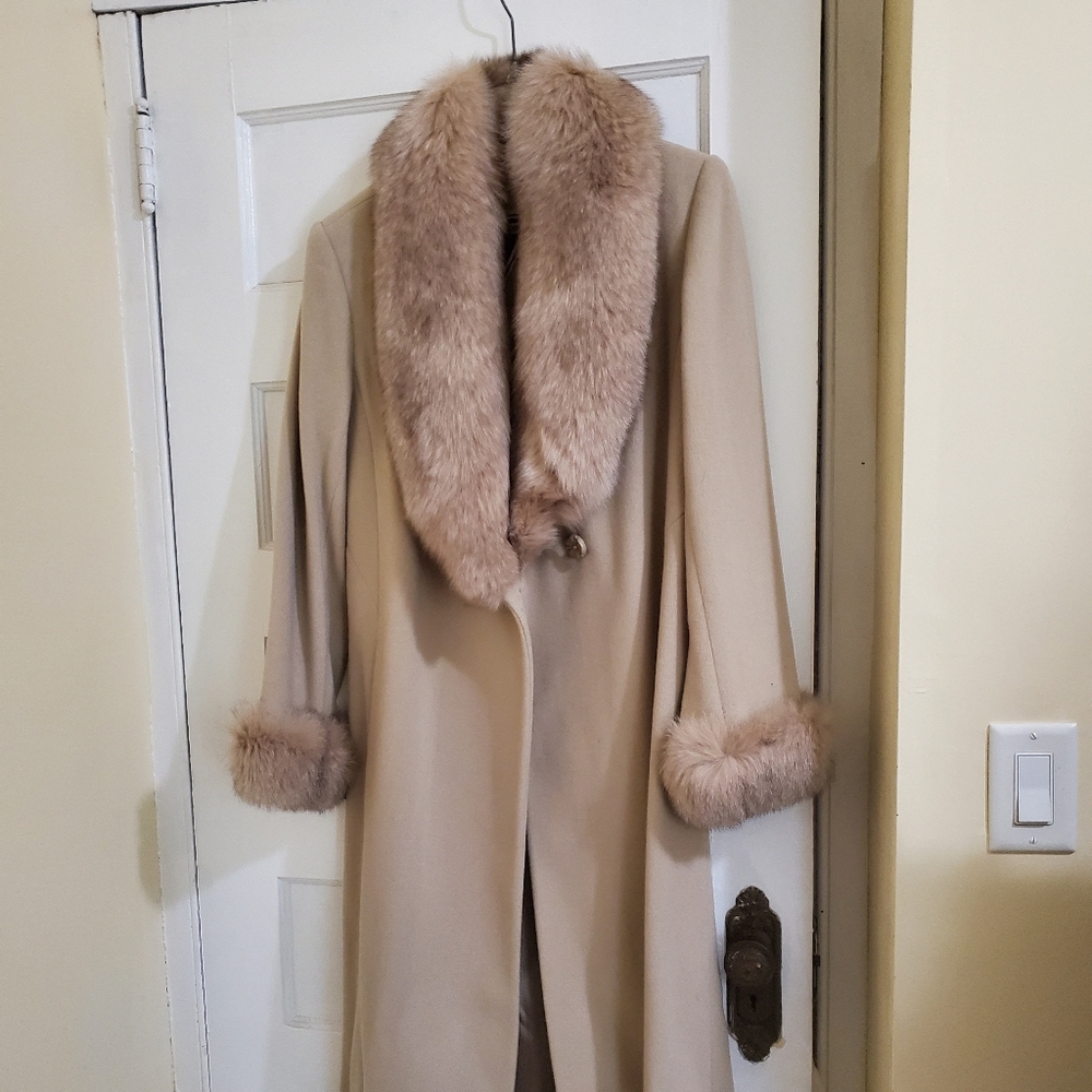 Cream fox trimmed maxi coat